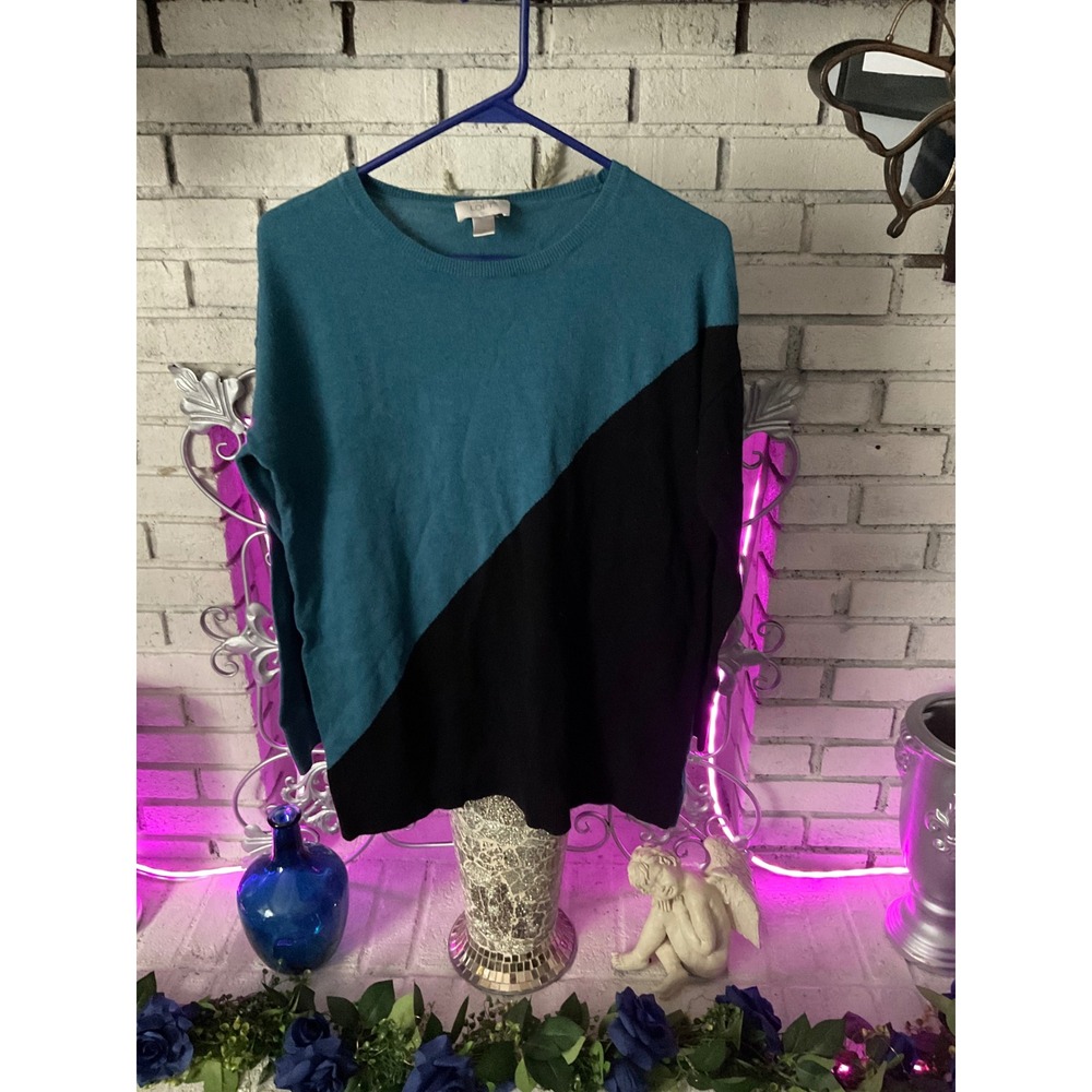 Loft Womens Teal Blue Black Diagonal Colorblock Crew Neck Sweater Size M